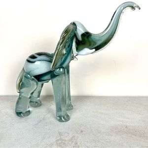 Blown Glass Elephant Green White Slag